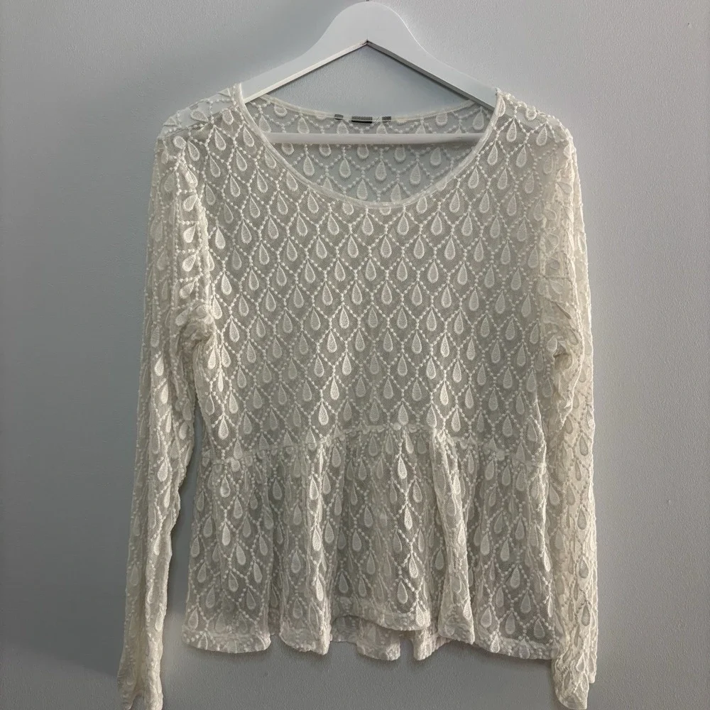 H&M Long Sleeve Sheer Lace Cream Ivory‎ Peplum Blouse M? Festival Witchy Fairy